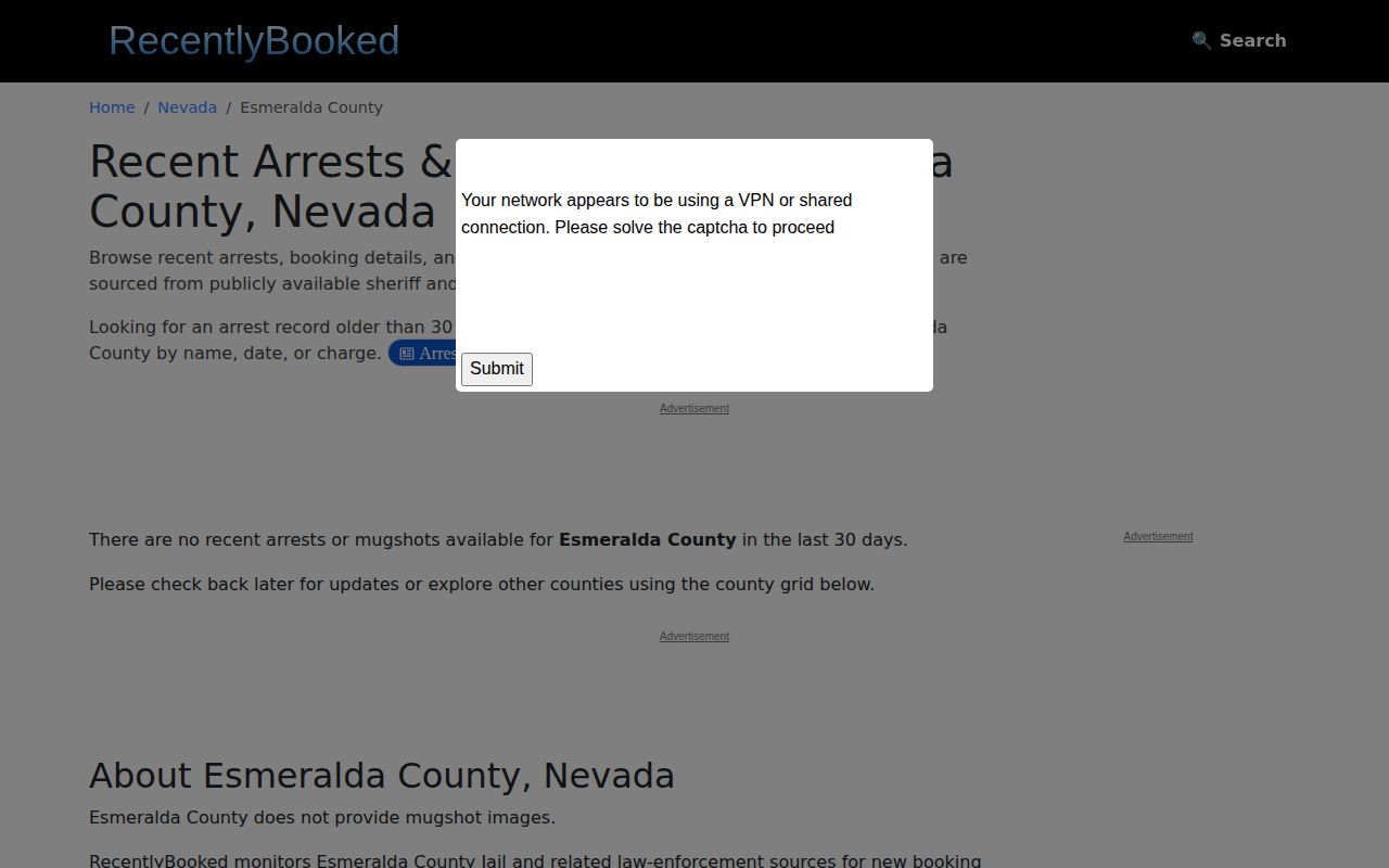 Esmeralda County RecentlyBooked third-party news and mugshot index