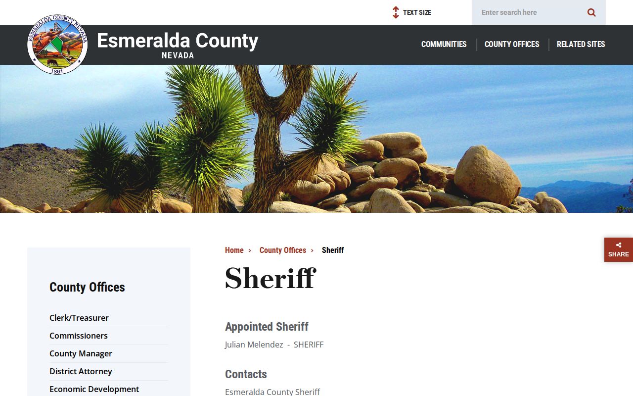 Esmeralda County booking record source on the Sheriff’s Office page