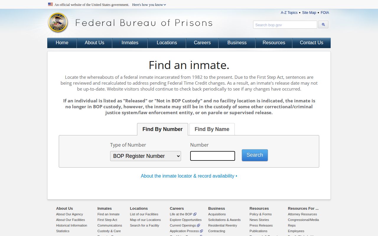Esmeralda County federal custody record fallback at the BOP inmate locator