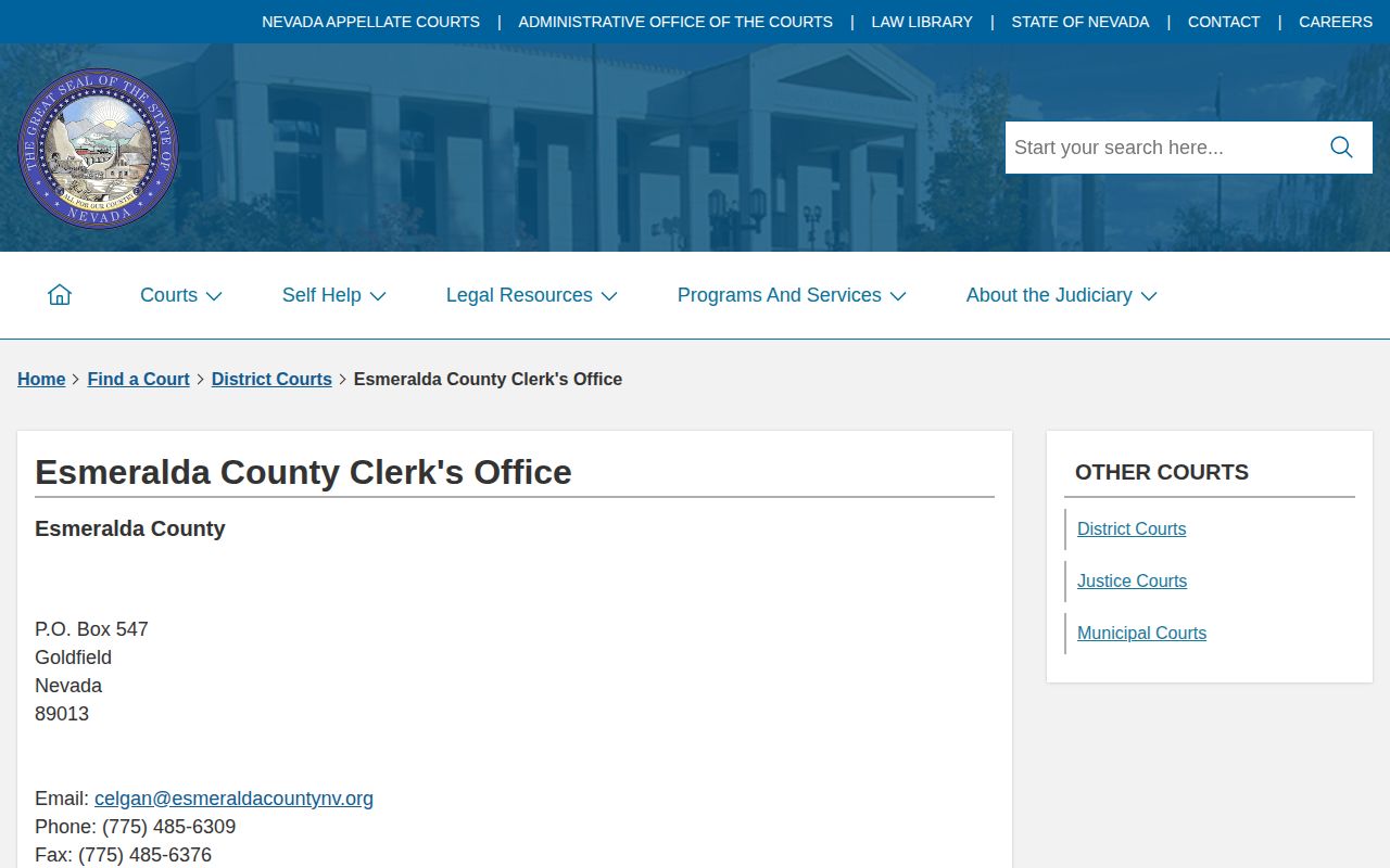 Esmeralda County District Court clerk warrant record directory
